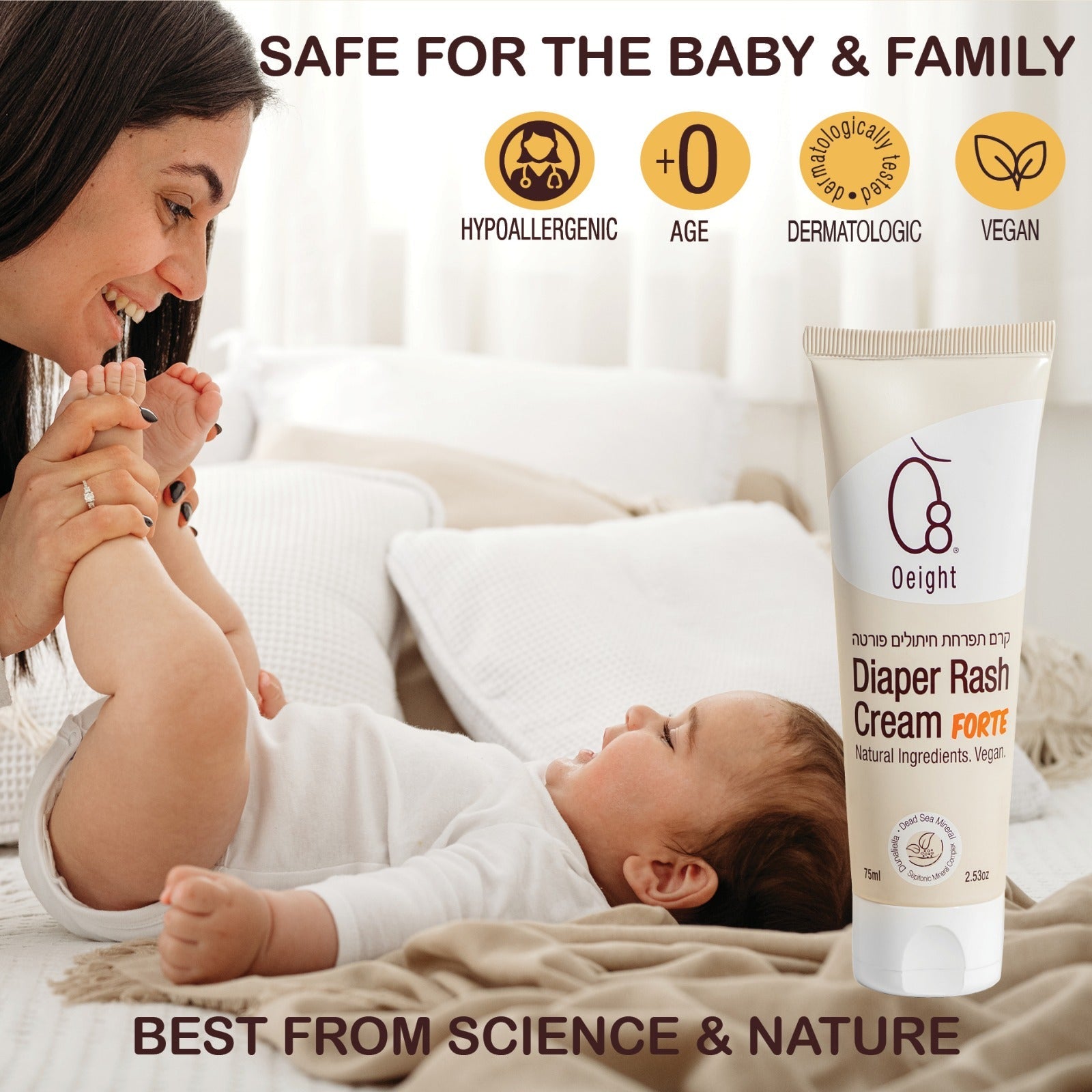 Oeight Diaper Rash Cream Forte, Dermatologically Tested & Hypoallergenic Formula for Baby Skin with 100% Natural Active Ingredients, No Parabens & Unscented - for Mild to Severe Diaper Rash, 75ml